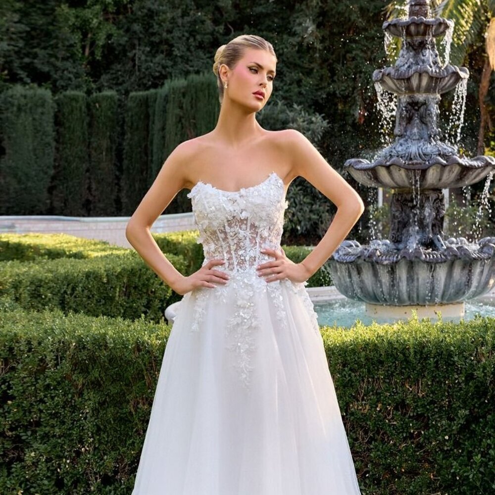 New Off White Floral Wedding Gown w/ Sheer Corset Bodice & Lace Up Back CD C174W